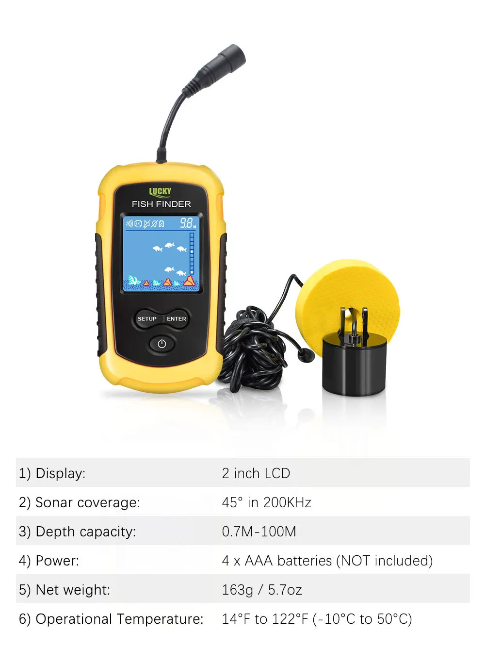 FFC1108-1 Alarm 100M Portable Sonar Fish Finders 45 degrees Sonar Coverage Echo Sounder Alarm Transducer Lake Sea Fishing